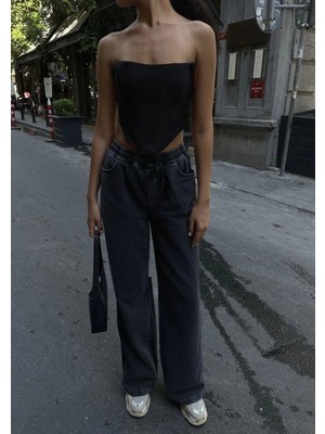 İlk El Grup Kadın Arkadan Yırtmaçlı Jeans Kot Palazzo Pantolon - Siyah
