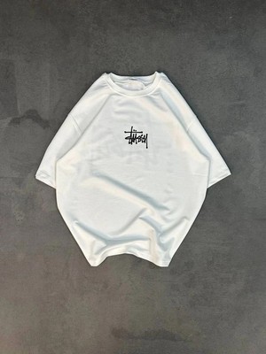 İlk El Grup Kadın Bisiklet Yaka Baskılı Oversize  Kısa Kol T-Shirt - Beyaz