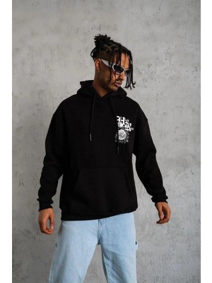 İlk El Grup Erkek 3 Iplik Pamuklu Kapüşonlu Baskılı Cepli Oversize Sweatshirt Hoodie - Siyah