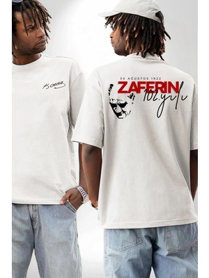 İlk El Grup 30 Ağustos Zafer Bayramı Ön Arka Baskılı Oversize Bisiklet Yaka T-Shirt - Beyaz