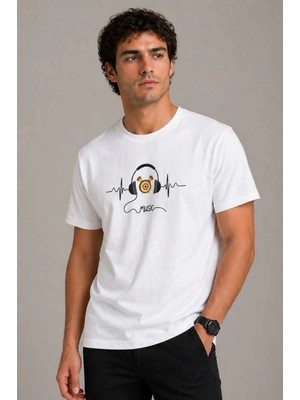 İlk El Grup Erkek Müzik Temalı Baskılı Tişört Bisiklet Yaka Kısa Kol T-Shirt - Beyaz