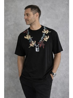 İlk El Grup Erkek Baskılı T-Shirt Kısa Kol Bisiklet Yaka Regular Fit Rahat Tişört - Siyah