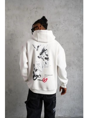İlk El Grup Erkek 3 Iplik Pamuklu Kapüşonlu Baskılı Cepli Oversize Sweatshirt Hoodie - Beyaz