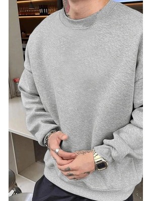İlk El Grup Erkek Düz Bisiklet Yaka 3 Iplik Pamuklu Sweatshirt - Gri