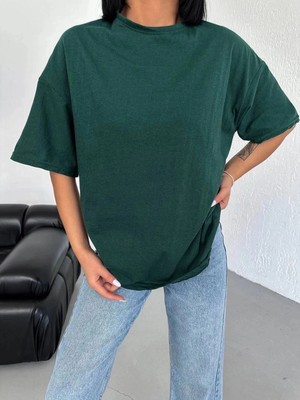 İlk El Grup Kadın Düz T-Shirt Kısa Kol Bisiklet Yaka Oversize Rahat Kalıp Günlük Tişört - Haki