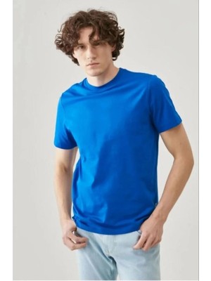 İlk El Grup Erkek Tişört Kısa Kol Düz Bisikilet Yaka Oversize T-Shirt - Mavi
