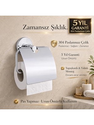 Maxi Trendy Kapaklı Tuvalet Kağıtlığı, 304 Paslanmaz Çelik, Krom Kaplama Wc Kağıtlık, Yapışkanlı ve Vidalı Montajlı, 5 Yıl Garantili Banyo Aksesuarı