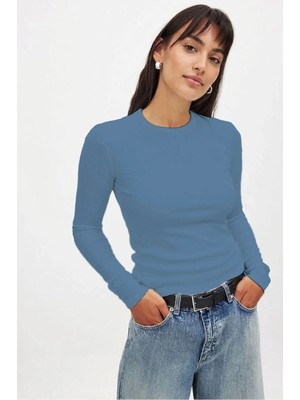 Kadın Açık Indigo Uzun Kollu Bisiklet Yaka T-Shirt Bluz Kaşkorse Fitilli