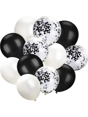 Maxi Trendy Siyah Konsept 9 Yaş Doğum Günü Kutlama Seti; Beyaz Siyah Konfetili Balon, Rakam Yıldız Folyo ve Banner