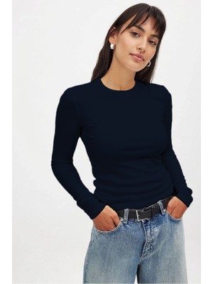 Kadın Lacivert Uzun Kollu Bisiklet Yaka T-Shirt Bluz Kaşkorse Fitilli