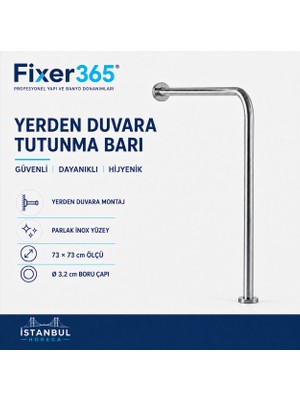 Fixer365 Paslanmaz Çelik Yerden Duvara Engelli Tutunma Barı 73x73 cm  Ø32 mm