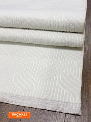 NarStore Home Elit Kabartmalı Krem Saçaklı Yıkanabilir Kaymaz Taban Kesme Yolluk Salon Mutfak Oturma Odası Halı