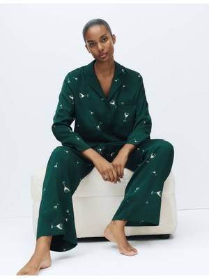 Marks & Spencer Saten Kokteyl Desenli Pijama Takımı