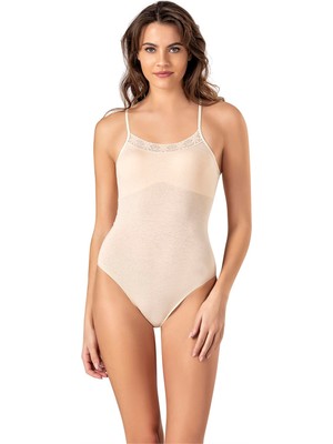Obje Kadın Ten Cotton İp Askılı Dantelli Çıtçıtlı Body