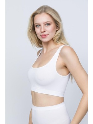 Obje Kadın Beyaz Fitilli Kısa Sporcu Crop