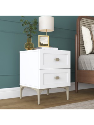 Rani BD117 Modern Membran Kapaklı Komodin 2 Çekmeceli Ayaklı Yatak Odası Beyaz