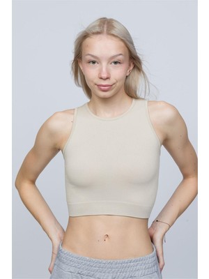 Obje Kadın Krem Fitilli Orta Boy Sporcu Crop