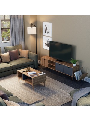Mezza Set 1581-2070 Exxen 180 CM (AHŞAP AYAKLI) Tv Ünitesi Orta Sehpa Seti Ürgüp-Antrasit Rengi