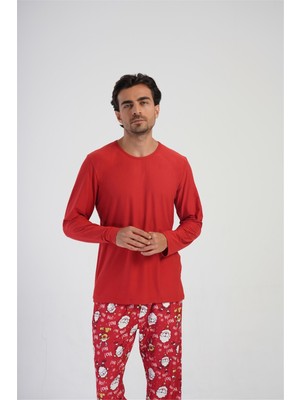 Obje Erkek Kırmızı O Yaka Uzun Kol Pijama Üstü