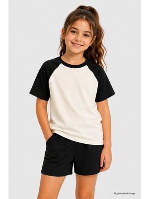 Tommy Life Ekru-Siyah Standart Fit Reglan Kollu Kız Çocuk T-Shirt - 75180