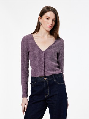 Koton Bürümcük Kumaş Slim Fit Uzun Kollu V Yaka Düğmeli Bluz