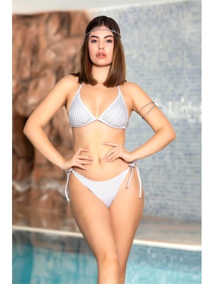 Obje Kadın Beyaz Taşlı Spagetti Bikini Takımı