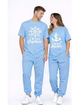 Nevermind Sevgili Kombini Oversize Çift Tişört Unisex Captain Anchor Baskılı Matching Couple Partner 2'li Set