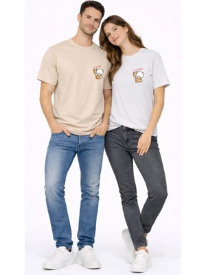 Nevermind Sevgili Kombini Minimal Ayıcık Kalp Baskılı Çift Tişört Oversize Unisex 2’li Set