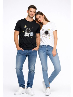 Nevermind Sevgili Kombini Astronot Baskılı Çift Tişört Oversize Unisex Partner Tişört 2’li Set