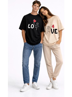 NEVERMIND Sevgili Kombini Love Baskılı Çift Tişört Oversize Unisex Partner Kombin Seti