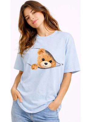 Nevermind Fermuarlı Ayıcık Baskılı Sevimli Teddy Bear Baskılı Pamuk Kadın Oversize Tişört