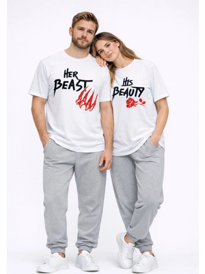 NEVERMIND Sevgili Kombini Her Beast His Beauty Oversize Çift Tişört Unisex Partner Couple Kombin Seti