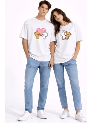 Nevermind Sevgili Kombini Ayıcık Kalp Baskılı Çift Tişört Oversize Unisex Partner Kombin Seti