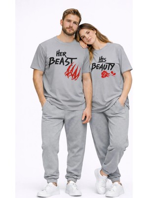 Nevermind Sevgili Kombini Her Beast His Beauty Oversize Çift Tişört Unisex Partner Couple Kombin Seti