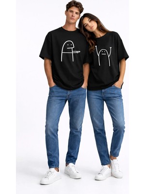Nevermind Komik Çöp Adam Çift Tişörtü Oversize Unisex Sevgili Kombini Baskılı Beyaz Tişört