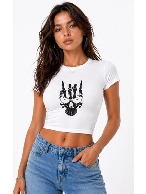 Nevermind Kadın Baby Tee Crop Tişört Kuru Kafa Baskılı Dark Aesthetic Slim Fit %100 Pamuk
