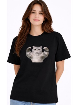 NEVERMIND Kadın Tişört Baskılı Kedi Desenli Basic Günlük Rahat %100 Pamuk