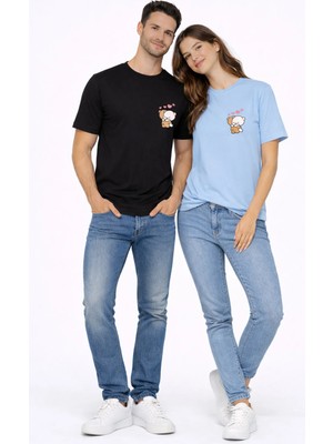 Nevermind Sevgili Kombini Minimal Ayıcık Kalp Baskılı Çift Tişört Oversize Unisex 2’li Set