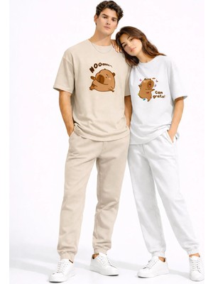 Nevermind Sevgili Kombini Sevimli Ayı Baskılı Çift Tişört Oversize Unisex Partner Tişört 2'li Set