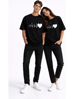 Nevermind Sevgili Kombini Kalp Ritmi Baskılı Çift Tişört Oversize Unisex Partner Kombin Çift Seti