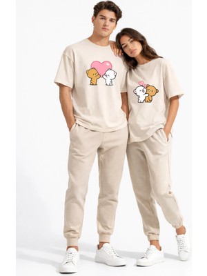 Nevermind Sevgili Kombini Ayıcık Kalp Baskılı Çift Tişört Oversize Unisex Partner Kombin Seti