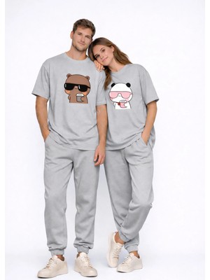 Nevermind Sevgili Kombini Panda Bardak Baskılı Çift Tişört Oversize Unisex Partner Kombin Çift Seti Hediye