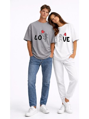 NEVERMIND Sevgili Kombini Love Baskılı Çift Tişört Oversize Unisex Partner Kombin Seti