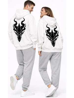 Nevermind Unisex Ejderha Baskılı Beyaz Sevgili Kombini Oversize Hoodie Seti