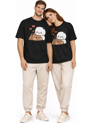 NEVERMIND Sevimli Panda Baskılı Sevgili Kombini Çift Tişört Oversize Unisex Çift Kombin 2'Li Set