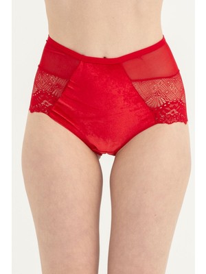 Obje Kadın Kırmızı Yüksek Bel Ön Kadife Yan Bant Üst Tül Bikini