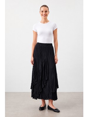 Bihan Store Kat Kat Asimetrik Fırfırlı Büzgülü Maxi Etek Y26-18299-SIYAH