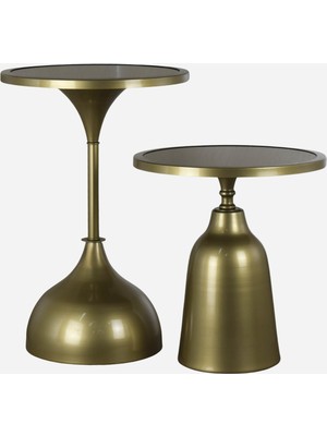 Lorin Ee Lüks Gold Metal Ayaklı Ahşap Tablalı Luxury Üçlü Yan Sehpa Seti