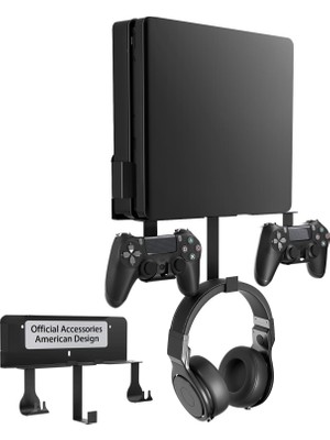 Delixa Wall Mount For Ps4 Slim, Ps4 Slim Wall Mount With Detachable 2 Controller Holder Headphone Hanger, M