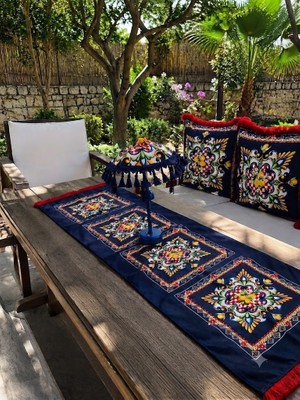Missidea Majolica Desenli Aydınlatmalı El Yapımı Dekoratif Bali Şemsiye Seti (Led\'li Şemsiye + 2 Adet Kırlent + Runner)
